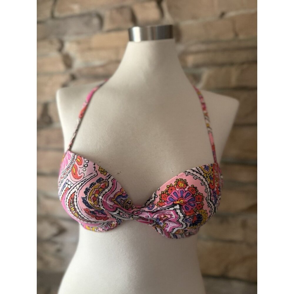 Aerie Brooke Bikini Top 34B Pink Paisley Twist Front Underwire Halter Swim